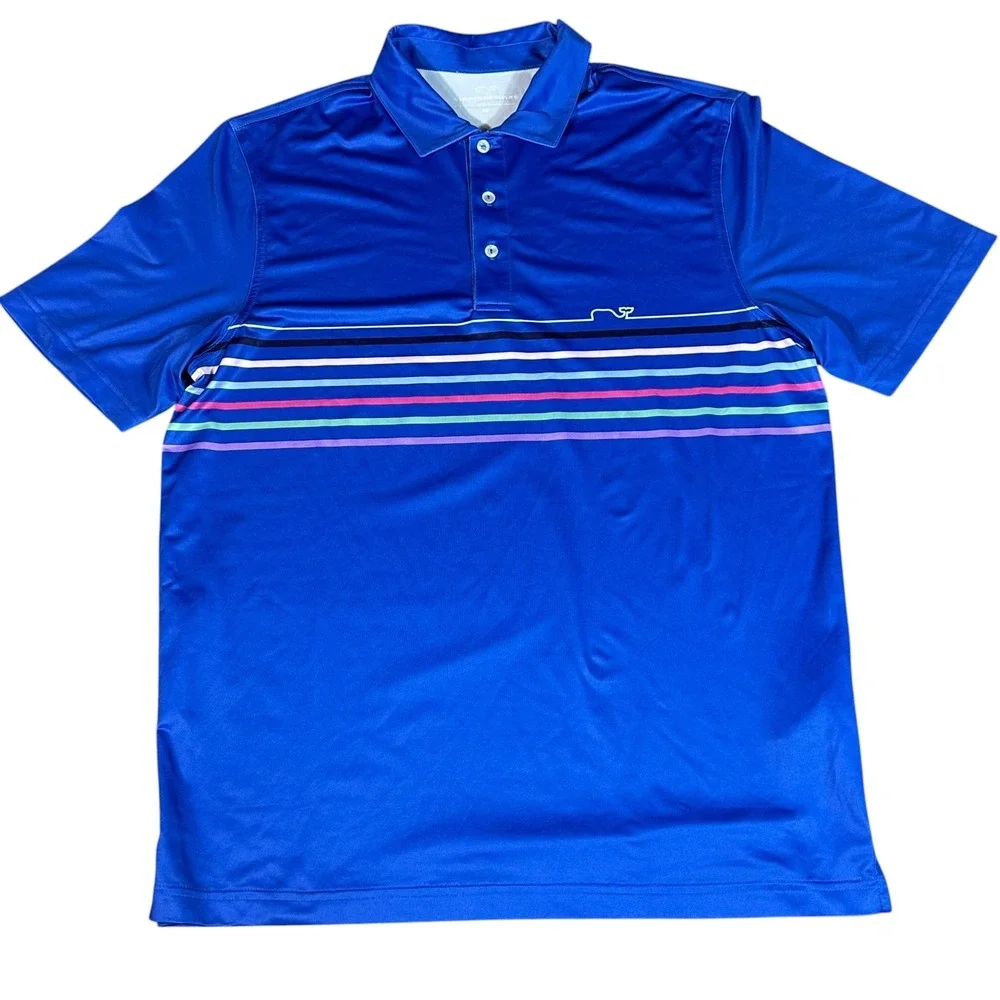 Vineyard Vines Polo Mens M‎ Blue Multi-Color Striped Performance Short Sleeve